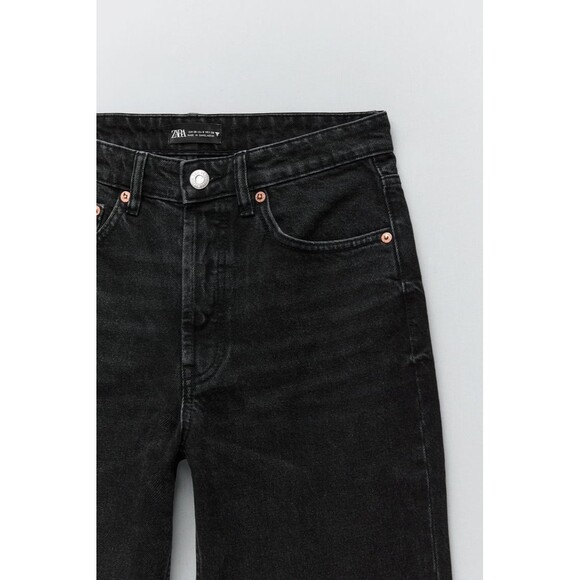 Black Denim Zara High-Waist Straight Ankle Raw Hem Jeans (NWT) - Picture 3 of 5